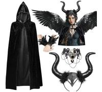 iZoeL Deguisement Maleficent Deguisement Diable/Carnaval/Halloween/Maquillage Femme Costume Carnaval/Halloween/Maquillage/Cosplay Femme Homme - Cape Noire Cornes Diable Collier Bracelet en Plumes