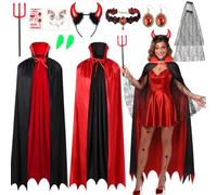 iZoeL Deguisement Vampire Diable Femme Deguisement Halloween Carnaval | 8 pcs, Cape Reversible Dent de Vampire Cornes Diable Fourche Diable Collier Boucles d'oreilles Tatouage - Carnaval Halloween