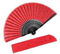 iZoeL Éventail en Dentelle et Bois Rouge pour Mariage et Danse - Accessoires de Décoration Fête - Léger et Pliable - L - 42 x 22.5 cm