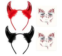 iZoeL Lot de 2 serre-têtes cornes de diable avec oreilles de diable, tatouages de diable, accessoires de costume pour femme et enfant, costume de carnaval, fête à thème, Halloween