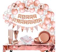 iZoeL Vaisselle Jetable Anniversaire Rose Gold, Decoration Anniversaire Femme Fille, 46 pcs Arche Ballon anniversaire Nappe Rideau Serviettes Assiettes Tasses Paille 10 g Confettis