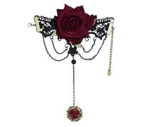Izpack Bracelet en dentelle avec fleur de rose rouge avec bague d'esclave en tissu pour femme chaîne gland réglable dureté de la main bagues vintage gothique vampire bijoux cadeaux