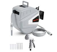 Izrielar Enrouleur de tuyau 30m+2m avec douchette et tuyau d'arrosage, Enrouleur de tuyau Enrouleur automatique, étrier pivotant à 180°, blocage à n'importe quelle longueur(gris)