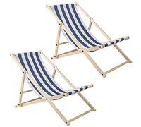 Izrielar Lot de 2 chaises longues pliantes en bois jusqu'à 120 kg - Pour l'intérieur et l'extérieur - Pour la plage - Rayures bleues et blanches