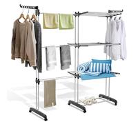 Izrielar Séchoir à linge 2 en 1 - Tour extensible - Longueur : 75 à 150 cm - Pliable - Avec 4 niveaux et 2 ailes latérales pivotantes pour l'intérieur et l'extérieur - Séchoir à linge avec roulettes