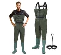 Izrielar Waders 70 Deniers Nylon, PVC Pantalon de pêche, Pantalon de Bassin de pêche imperméable avec Bottes en Caoutchouc, Ceinture, Poches et Crochets, pour Chantiers, pêche, fermes, Jardins