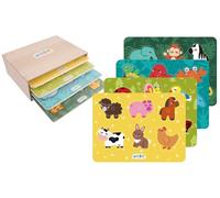 J.A.D.E - Coffret 4 Puzzles Animaux À Picots - Jeu Educatif - 052485 - Thèmes Ferme, Jungle, Jardin et Monde Marin - Multicolore - Bois - Design Français - Jeu pour Enfant - À Partir de 18 Mois