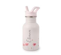 J.Børn Gourde personnalisée pour enfants 350 ml, Gourdes d'eau enfant sans BPA, bouteille réutilisable en acier inoxydable, bouteille légère pour l'école (Fleurs de pavot)