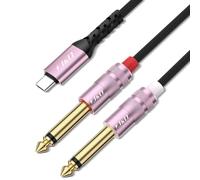 J&D Câble Audio USB C vers 6,35 mm, Cordon Aux Y Double 6,35 mm TS USB Type C pour Smartphones, Tablettes et autres, Compatible avec iPhone Séries 16/17, Galaxy S25/S24, Or Rose, 2,4 m