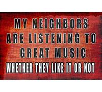 J.DXHYA Poster en métal humoristique - Décoration murale sarcastique - Inscription Man Cave Bar My Neighbors are Listening to Great Music - Pour extérieur et intérieur - 40,6 x 30,5 cm - Plaque rétro