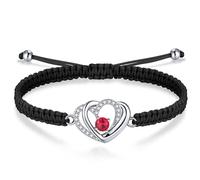 J.Endéar Double Coeur Bracelet Femme Cadeau, Argent 925 Bijoux Rouge Zircone Cubique pour Filles, Cordon Tressé Fait Main Bracelet Noir Ajustable pour Ados