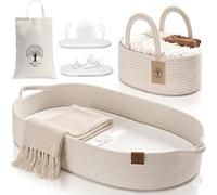 J&Joo Matelas à langer portable avec panier et panier à couches - Imperméable, housses respirantes, tapis à langer, dessus de table à langer, coton bio (beige doux)
