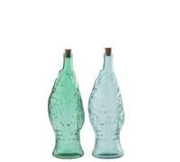J-Line Bouteille décorative - Verre - Vert émeraude/Bleu Azur - 2 pièces