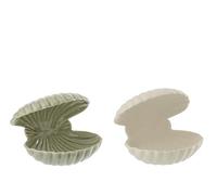 J-Line Coquillage Ouvert décoratif - grès - Blanc/Vert Olive - 2 pièces