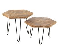 J-Line Lot de 2 tables d'appoint hexagonales en teck bois et métal NATURELL