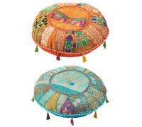 J-Line pouf Rond Plat Motifs + Floches - coton - orange/bleu - 2 pcs