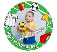 J&M DECO Décoration de gâteau personnalisable en papier de sucre, comestible, avec photo de votre propre photo, diamètre : 20 cm, en papier de sucre, pour les fans de football, anniversaire, fête de