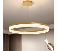 J.SUNUN Luminaires Suspendus LED Ronde intérieur Gradation Lustre suspension Anneau Lampe Pendante Réglable En Hauteur Pour salon chambre salle à manger Cuisine L'île Table à Manger (Doré, 80CM)