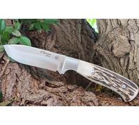 J&V CORZO - Couteau bois de cerf de survie à lame fixe pour le Camping Bushcraft Randonnée, Lame en Acier Inoxydable de 10 cm, Étui en cuir, fabriqué en Espagne