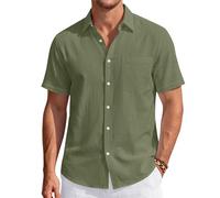 J.VER Chemise à Manches Courtes en Coton et Lin pour Homme, avec Poche - Décontractée et légère - pour Les Vacances, la Plage, et l'été, Vert Olive, XX-Large