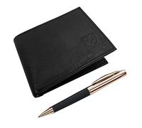 J. Wilson London Portefeuille et stylo à bille en cuir véritable pour homme Coffret cadeau, Noir , M, Contemporain