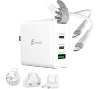 j5create JUP3565CV-N Chargeur de voyage USB-C 65 watts GaN à 3 ports, avec prises d'alimentation interchangeables et câble USB-C