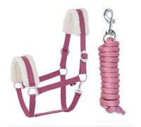 JA Horse Ensemble licol et longe en fourrure synthétique avec mousqueton réglable Licol pour cheval Cheval en bois Corde d'attache (Mousqueton fourrure synthétique Rose, Cob)