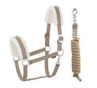 JA Horse JA4004 Kit de longe en fourrure synthétique avec crochet de panique réglable Licol de cheval, cheval en bois, corde de fixation (fourrure synthétique, kaki, plein)