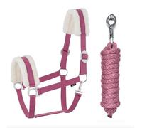 JA Horse JA4004 Kit de longe en fourrure synthétique avec crochet de panique réglable Licol de cheval, cheval en bois, corde de fixation (fourrure synthétique, hameçon de panique, rose, poney)