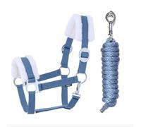 JA Horse JA4004 Kit de longe en fourrure synthétique avec crochet de panique réglable Licol de cheval, cheval en bois, corde de fixation (fourrure synthétique, hameçon de panique bleu, poney)