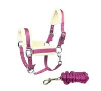 JA Horse JA4006 Licol en fourrure synthétique de qualité supérieure avec 3 positions de réglage avec longe - Licol d'écurie rembourré doux, mentonnière réglable et mousqueton (rose, cob)