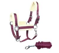 JA Horse JA4006 Licol en fourrure synthétique de qualité supérieure avec 3 positions de réglage avec longe, licol d'écurie rembourré, mentonnière réglable et mousqueton (bordeaux, cob)