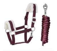 JA Horse Licol en fourrure synthétique - Kit de longe avec crochet de panique réglable - Licol de cheval en bois - Corde de fixation (fourrure synthétique, crochet de panique, bordeaux, Full)