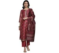 Jaanvi fashion Kurta droit à imprimé floral pour femme, col rond, avec bas ton sur ton et dupatta imprimé, Rouge, L