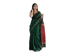 Jaanvi fashion Sari en coton et soie pour femme avec travail Zari et chemisier non cousu (Diwali Special), vert foncé, taille unique