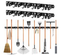 JABNOW 2 PCS Accroche Balai Mural Multifonction, 5 Supports + 4 Crochets, Porte Balais Mural Acier Inoxydable Avec ou Sans Perçage pour Salle de Bain, Garage, Cuisine, Noir