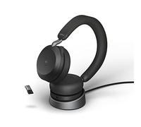 Jabra Evolve2 75, Casque Bluetooth Sans Fil avec Station de Charge, Technologie à 8 Microphones, Réduction Active du Bruit, Adaptateur USB-A et compatibilité MS Teams, Batterie 36 h, Noir