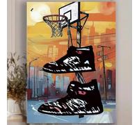 JACBON Affiche de baskets de rue graffiti, impression sur toile d'art urbain de basket-ball, décoration murale abstraite sur le thème du sport motivant, 65 x 130 cm (26 x 51 pouces), cadre interne