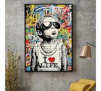 JACBON Banksy Graffiti Art I Love Life Little Boy Poster and Print Wall Canvas Paintings Street Pop Art for Bedroom Living Decor 50x90cm Frameless