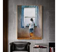 JACBON Fille à la fenêtre peinture toile impression affiche Salvador Dali mur art femme mer bleu photo pour salon décor à la maison 60x80 cm sans cadre
