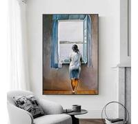 JACBON Fille à la fenêtre peinture toile impression affiche Salvador Dali mur art femme mer bleu photo pour salon décor à la maison 70x130 cm sans cadre