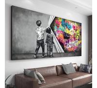 JACBON Graffiti Enfant Banksy Uncovered Justice Impression d'art mural surdimensionnée Garçon derrière un rideau Décoration d'image 70x140cm (28x55inch) Cadre interne
