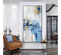 JACBON Grande peinture murale abstraite bleue sur toile, art blanc, art mural contemporain, décoration de salon, 65 x 125 cm, cadre intérieur