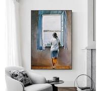 JACBON Impression sur toile, affiche, fille à la fenêtre, peinture de Salvador Dali, art mural, femme, bleu mer, image pour salon, décoration d'intérieur, 30 x 40 cm (12 x 16 pouces), sans cadre
