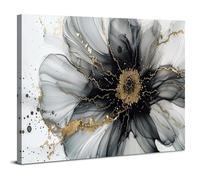 JACBON Impression sur toile murale abstraite avec fleurs noires et blanches, motif doré, pour salle de bain, salon, maison, 40 x 60 cm, sans cadre