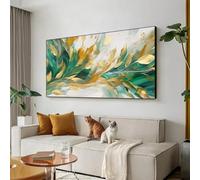JACBON Peinture à l'huile abstraite sur toile avec feuilles dorées, décoration murale faite à la main, plante verte, décoration murale de salon, grand art mural moderne, 70 x 140 cm, sans cadre