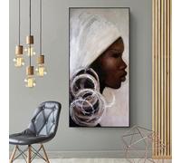 JACBON Peinture à l'huile sur toile représentant un portrait africain, noir et blanc, visage de femme africaine, décoration murale, 60 x 120 cm, sans cadre