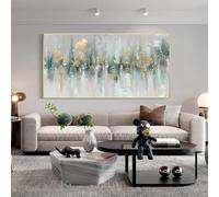 JACBON Peinture abstraite horizontale texturée verte sarcelle dorée sur toile salon chambre grande taille art mural doré décoration d'intérieur moderne 75x150cm sans cadre