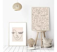 JACBON Peinture sur toile abstraite avec visage de femme, dessin au trait, feuilles, plantes, affiche minimaliste, décoration murale, 70 x 100 cm, 2 cadres internes