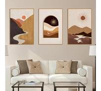 JACBON Peinture sur toile style bohème, affiche abstraite, ligne, montagne, soleil, art mural moderne du milieu du siècle, décoration de salon, 50 x 70 cm, 3 cadres internes